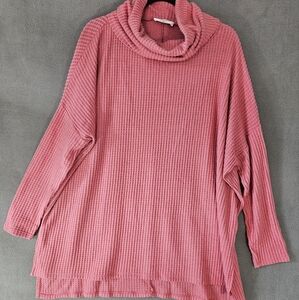 Zenana Womens XL Turtleneck Waffle Knit Tunic Sweater Pink Soft Oversized